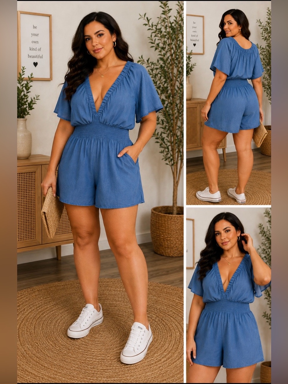torrid Blue V-Neck Smocked-Waist Romper Shorts with pockets